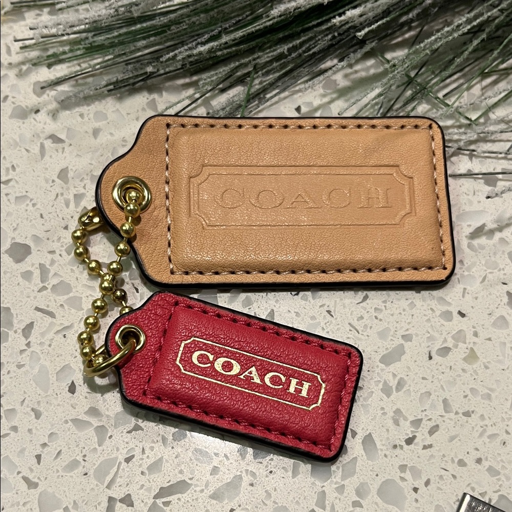 Coach Tan and Red Leather Keychain Duo- Tan(3”) Pink(2”)
